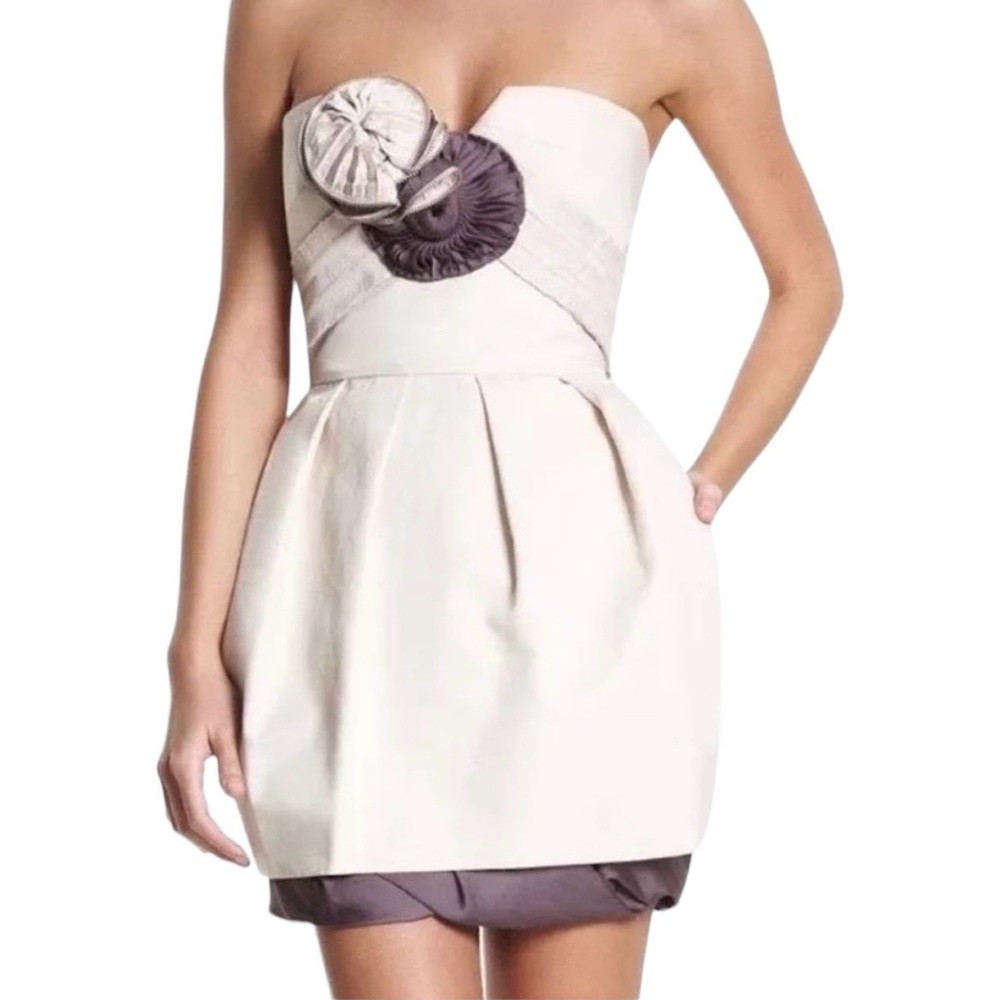 BCBGMaxAzria Runway Cream with Zipper Rosette Strapless Mini Dress 6